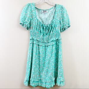 Shareen Collections Floral Ruffle Short Sleeve Green/Orange Fit & Flare Dress